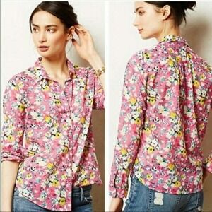 Holding Horses Button Up Womens 10 Pink Floral Cotton Spring Anthropologie Top